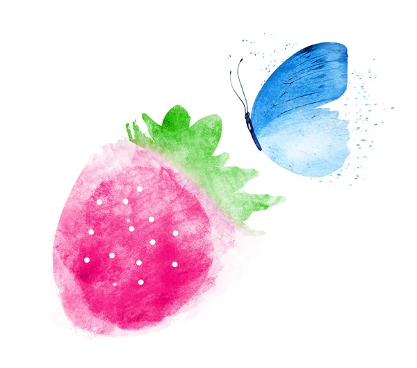 Aquarelle fraise avec papillon sur blanc — Photo