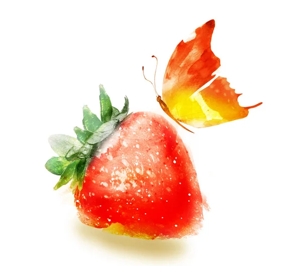 Aquarelle fraise avec papillon sur blanc — Photo