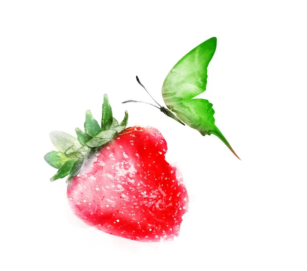 Aquarelle fraise avec papillon sur blanc — Photo