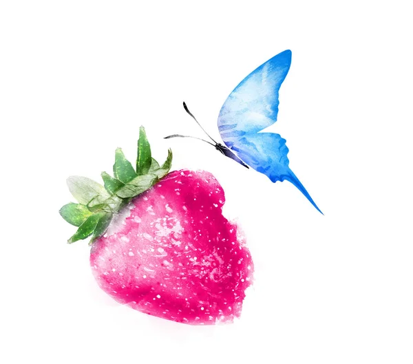 Aquarelle fraise avec papillon sur blanc — Photo