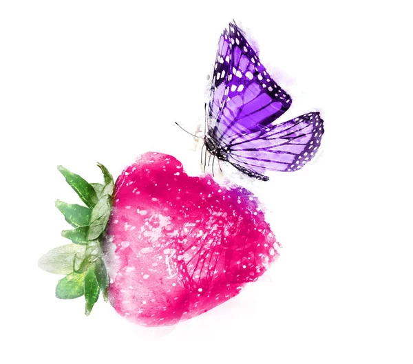 Truskawka akwarelowa z motylem na białym — Zdjęcie stockowe