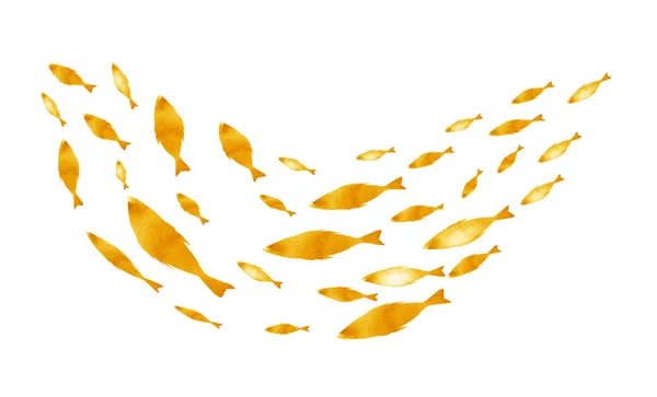 Silhuetter av grupper av fiskar på vitt. Akvarell — Stockfoto