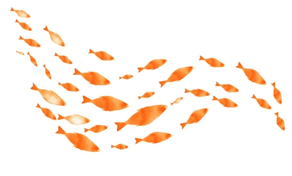 Silhuetter av grupper av fiskar på vitt. Akvarell — Stockfoto