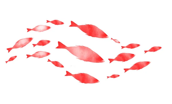Silhouettes of groups of  fishes on white. Watercolor — Stock Photo, Image