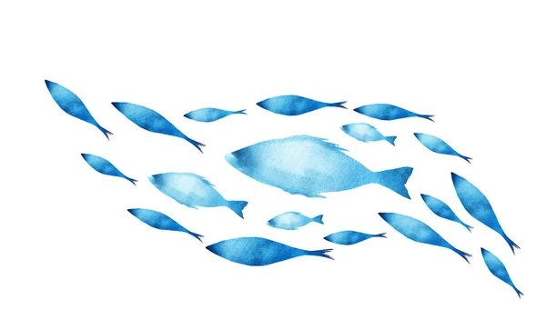 Silhouetten von Fischgruppen auf weiß. Aquarell — Stockfoto