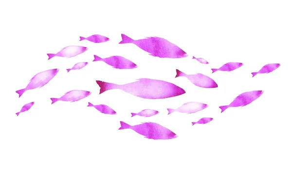 Siluety skupin ryb na bílém. Akvarel — Stock fotografie