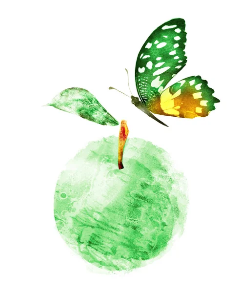 Jablko akvarel a motýl na bílém — Stock fotografie