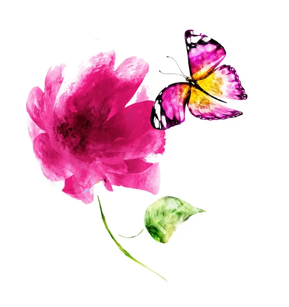 Flor aquarela com borboleta, isolada sobre fundo branco — Fotografia de Stock