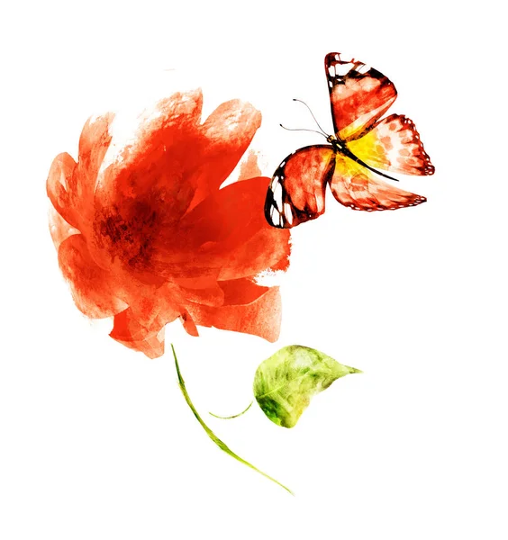 Watercolor flower with butterfly , isolated on white background — Stock Photo, Image