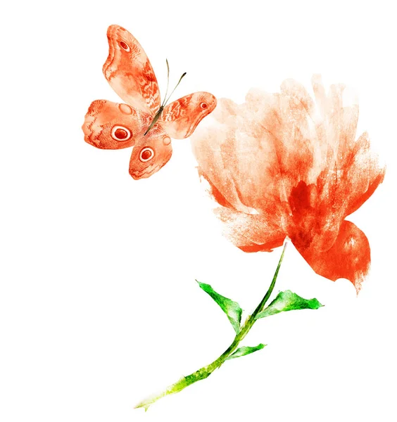 Watercolor flower with butterfly , isolated on white background — 스톡 사진