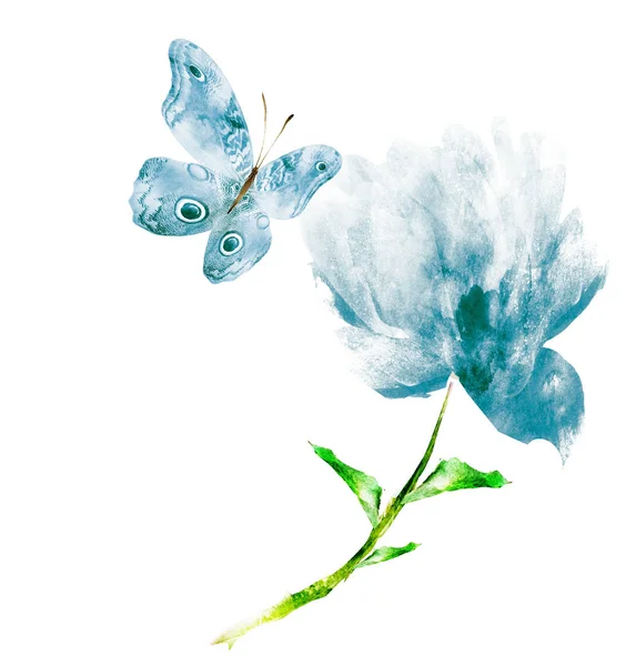 Watercolor flower with butterfly , isolated on white background — 스톡 사진