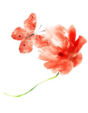 Kelebekli suluboya çiçek, beyaz arka planda izole