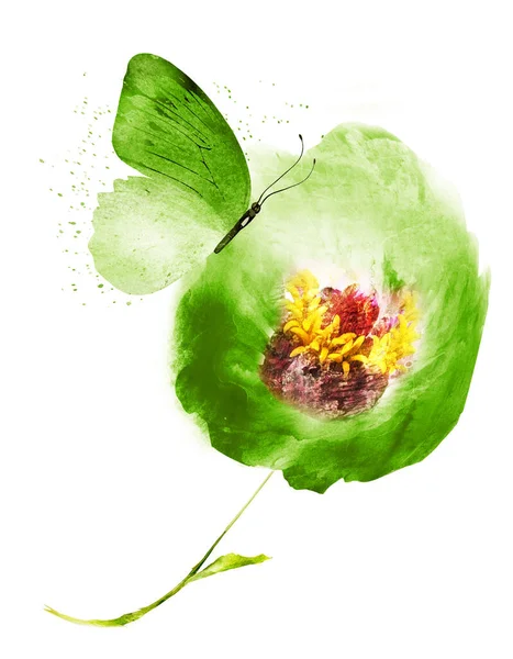 Aquarell Blume mit Schmetterling, isoliert auf weißem Hintergrund — Stockfoto