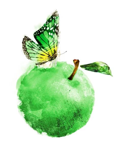 Watercolor apple and butterfly on white — Stock Photo, Image