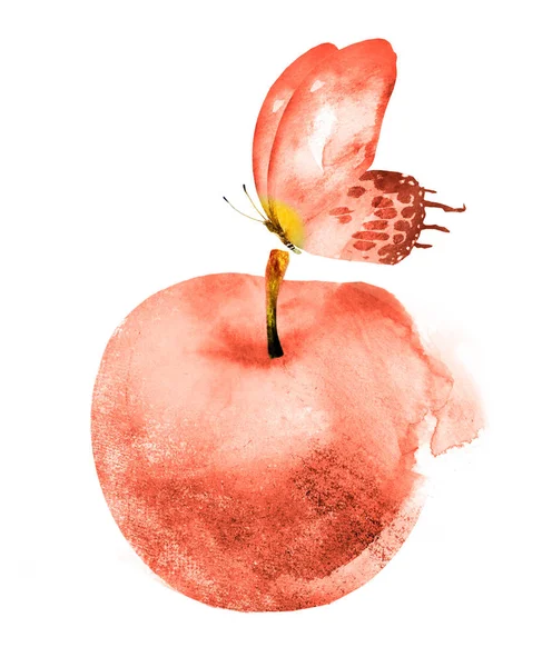 Υδατογραφία μήλο και πεταλούδα σε λευκό — Φωτογραφία Αρχείου