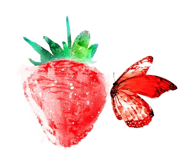 Aquarell Erdbeere mit Schmetterling auf Weiß — Stockfoto
