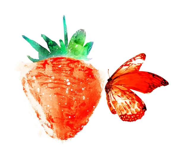 Aquarelle fraise avec papillon sur blanc — Photo