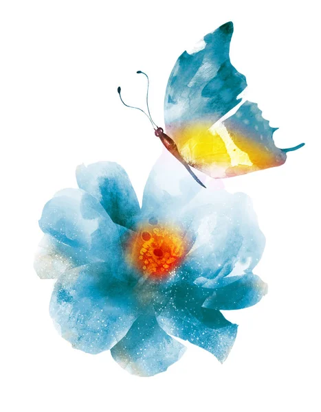 Aquarell Blume mit Schmetterling, isoliert auf weißem Hintergrund — Stockfoto