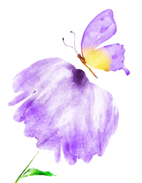 Akvarell blomma med fjäril, isolerad på vit bakgrund — Stockfoto