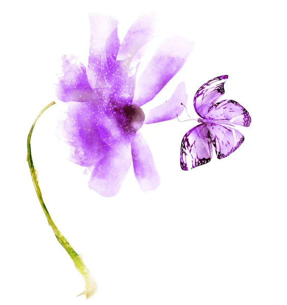 Watercolor flower with butterfly , isolated on white background — 스톡 사진