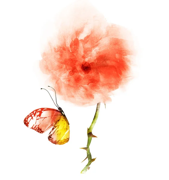 Akwarela kwiat z motylem, izolowane na białym tle — Zdjęcie stockowe