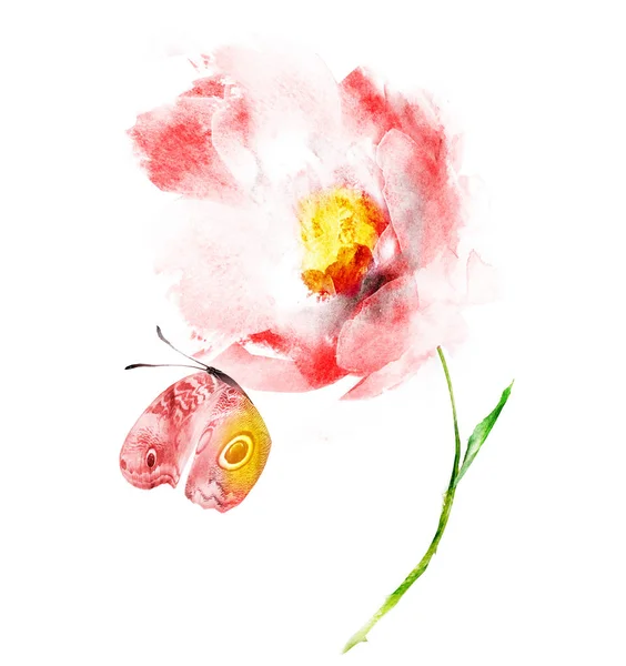 Watercolor flower with butterfly , isolated on white background — 스톡 사진