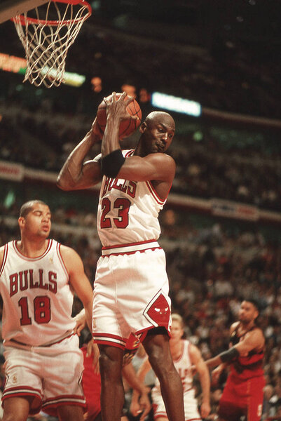 Vintage Michael Jordan, in action against during the 1997 NBA Season.  Image taken at Chicago Stadium, in Chicago, IL.   Image taken from color slide. 