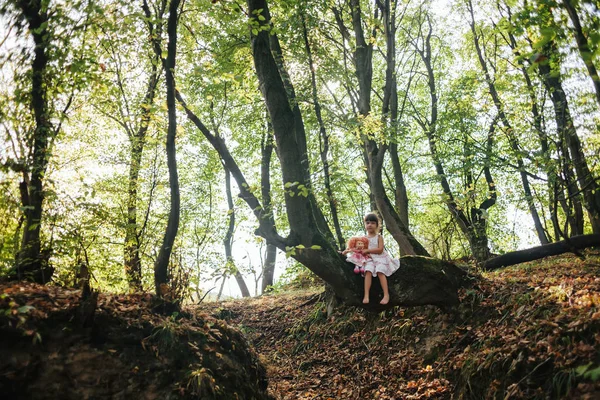 Маленькая девочка в платье с куклой сидит на дереве в лесу — стоковое фото