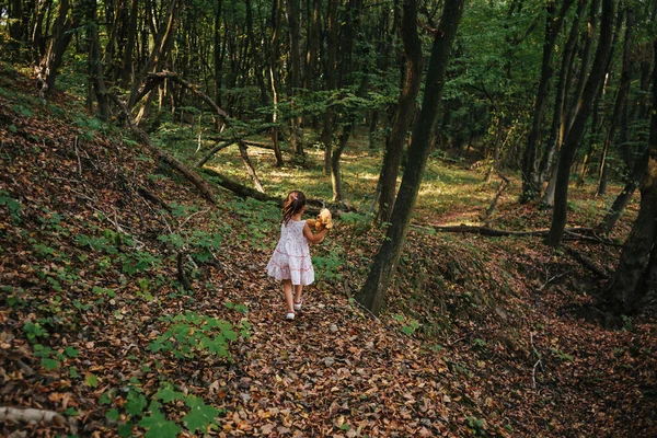 Девушка бежит в лесу с игрушечным медведем в руке — стоковое фото