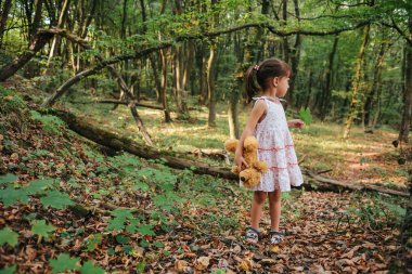 Kız woods.bear bir kız ormanda portresi ayakta