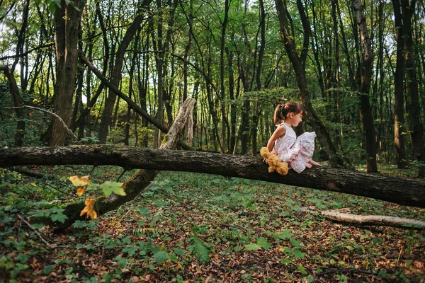 Niña jugando con su oso en el bosque. chica sentada en — Foto de Stock