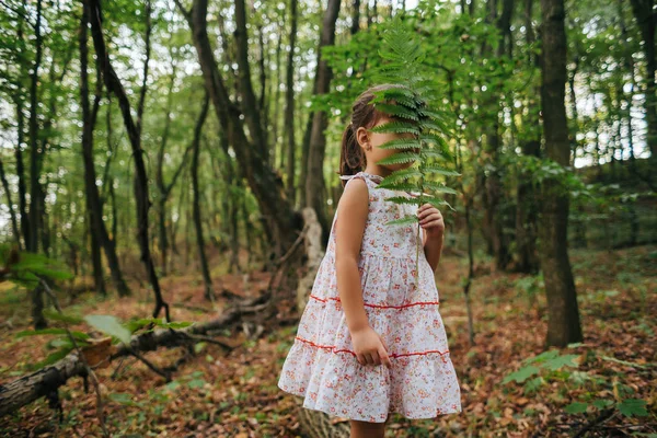 Klein meisje in het bos met varens — Stockfoto
