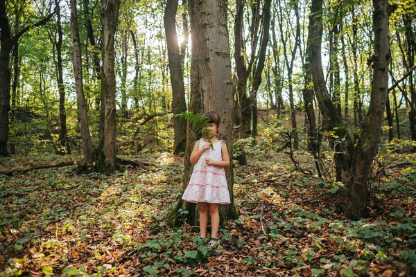 Маленькая девочка, стоящая в лесу с папоротниками — стоковое фото