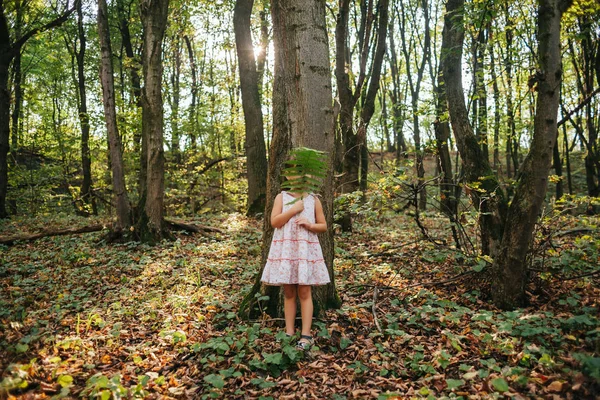 Niña de pie en el bosque con helechos — Foto de Stock