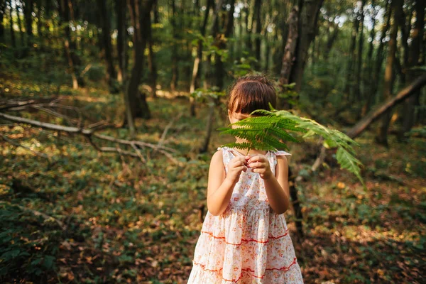 Fetiță în picioare în pădure cu ferigi — Fotografie, imagine de stoc