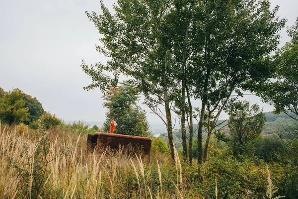 bir bebek ile küçük kız ormanda eski römork üzerinde duruyor