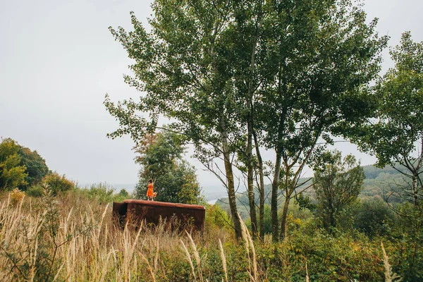 bir bebek ile küçük kız ormanda eski römork üzerinde duruyor