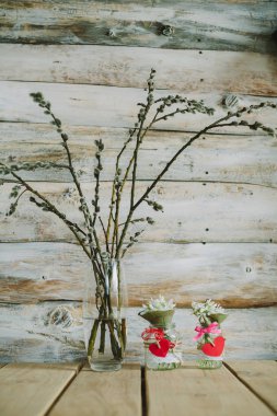 Eski ahşap arka plan ile bir şişe ve willow sutyen kardelen