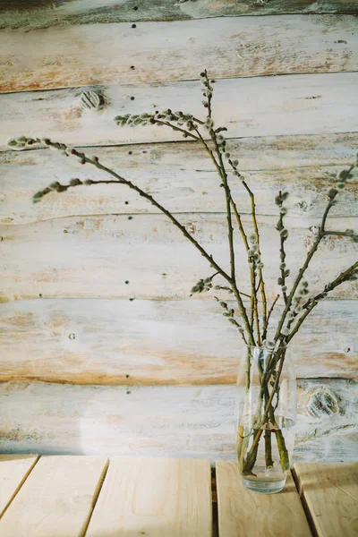 Старый деревянный фон с ивовыми ветвями в бутылке — стоковое фото