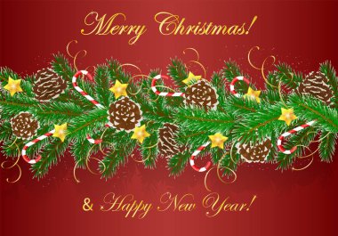 Kırmızı arka planda Noel ağacı dalları, koniler, tatlılar ve yılanbalığının Noel kompozisyonu