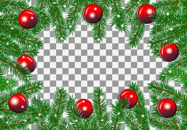 Fondo navideño de ramas de abeto con bolas rojas para tarjeta de felicitación. Sobre un fondo transparente — Archivo Imágenes Vectoriales