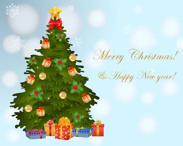 Weihnachten Hintergrund Mit Weihnachtsbaum Und Schneeflocken Auf Einem Hellen Hintergrund — Stockvektor