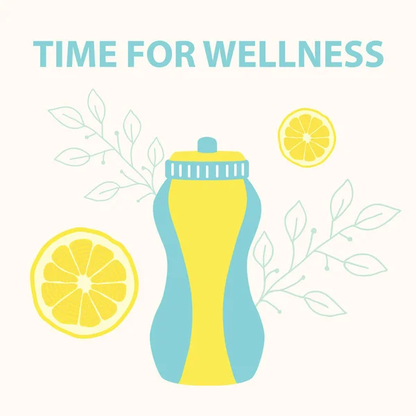 Sports bottle for water. Water with lemon. Time for wellness. Illustration on a light background