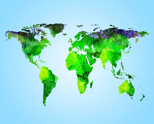 World map in grunge style, on blue background. Illustration in purple and green