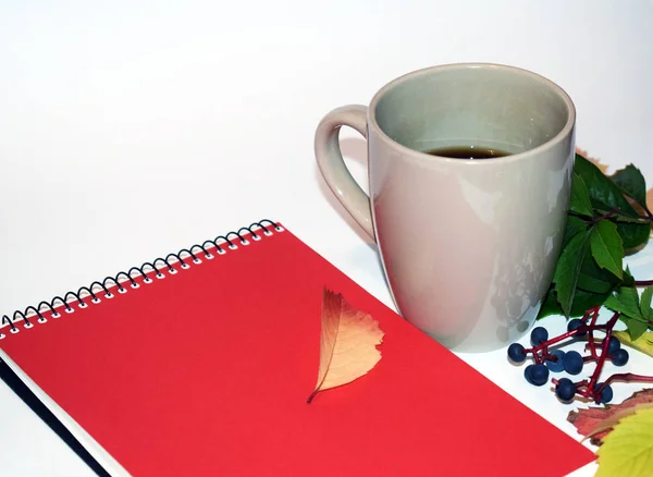 Red notebook with autumn leaves and a cup on a white background — Stock Photo, Image