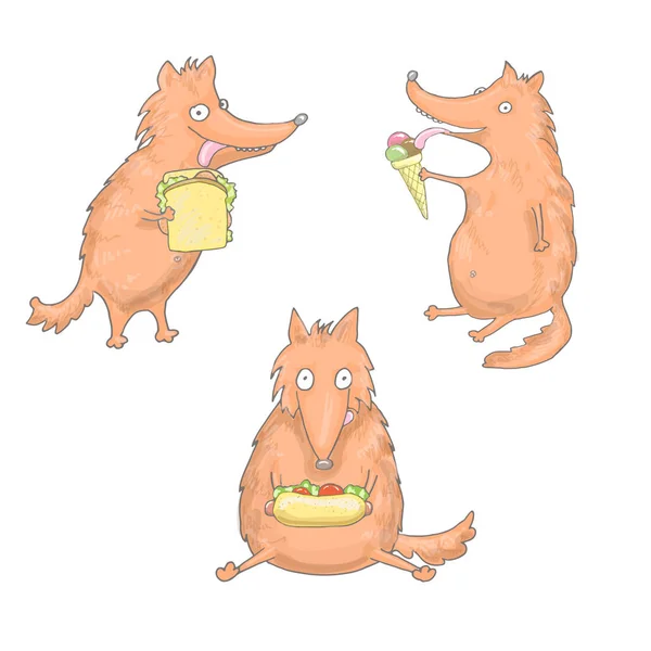 Set of three eating foxes