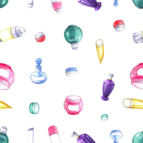 Watercolor background pattern with cosmetics and perfumes bottle