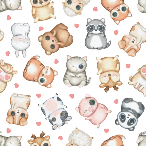 Seamless pattern with kawaii cartoon cute deer, fox, raccoon, panda, bear, pig, sheep, cat, dog, horse, cow, bunny and hearts isolated on white background. Watercolor hand drawn illustration