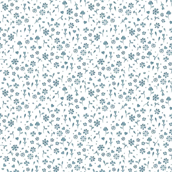 Seamless pattern with vintage little flowers in blue on white background. Watercolor hand drawn illustration
