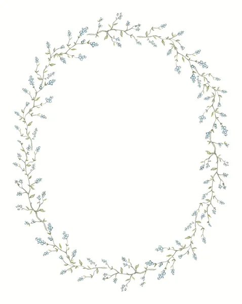 Oval frame with vintage graceful branches with blue berries and small leaves isolated on white background. Watercolor hand drawn illustration